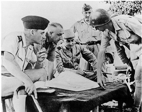 From left: General Cogny, Commander of Tonkin; Colonel de Castries, Commander of the entrenched camp; General Navarre, Commander-in-Chief of the French Expeditionary Corps in Indochina