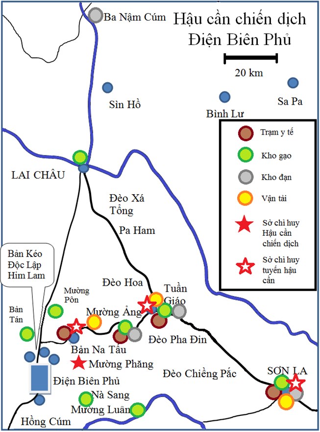Map detailing the logistics network for the Điện Biên Phủ campaign, indicating medical stations, rice and ammunition depots, transport lines, and command posts.