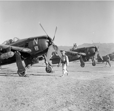 Bearcat F8F1 fighter planes from Mường Thanh airfield departing to attack Route 41